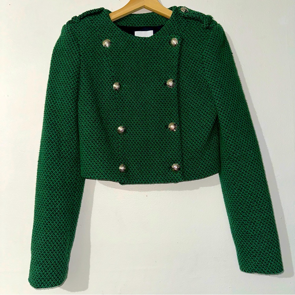 Zara Green and Navy Blue Tweed Blazer Jacket (XS) | NWT